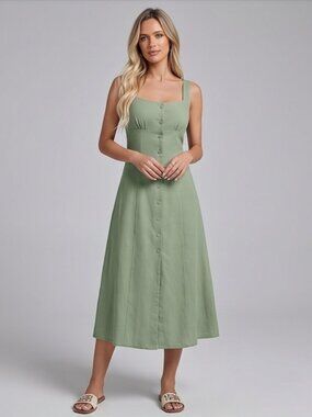 Sage Green 100% Cotton Button-Front Midi Sundress | Tie-Back A-Line Dress